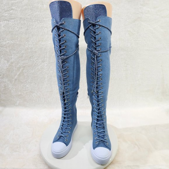 Knee High Canvas Sneakers with Rhinestone Laces - Picture 5 of 11